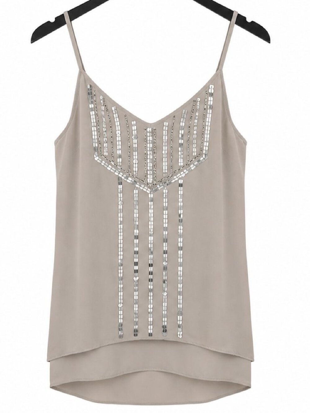 Silver Sequin Embellished Spaghetti Strap Camisole Top – Elegant V-Neck Blouse